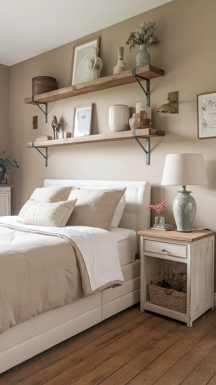 The room showcases a harmonious mix of rustic and modern country bedroom decor, highlighted by a vintage lamp and a cozy European cottage atmosphere.