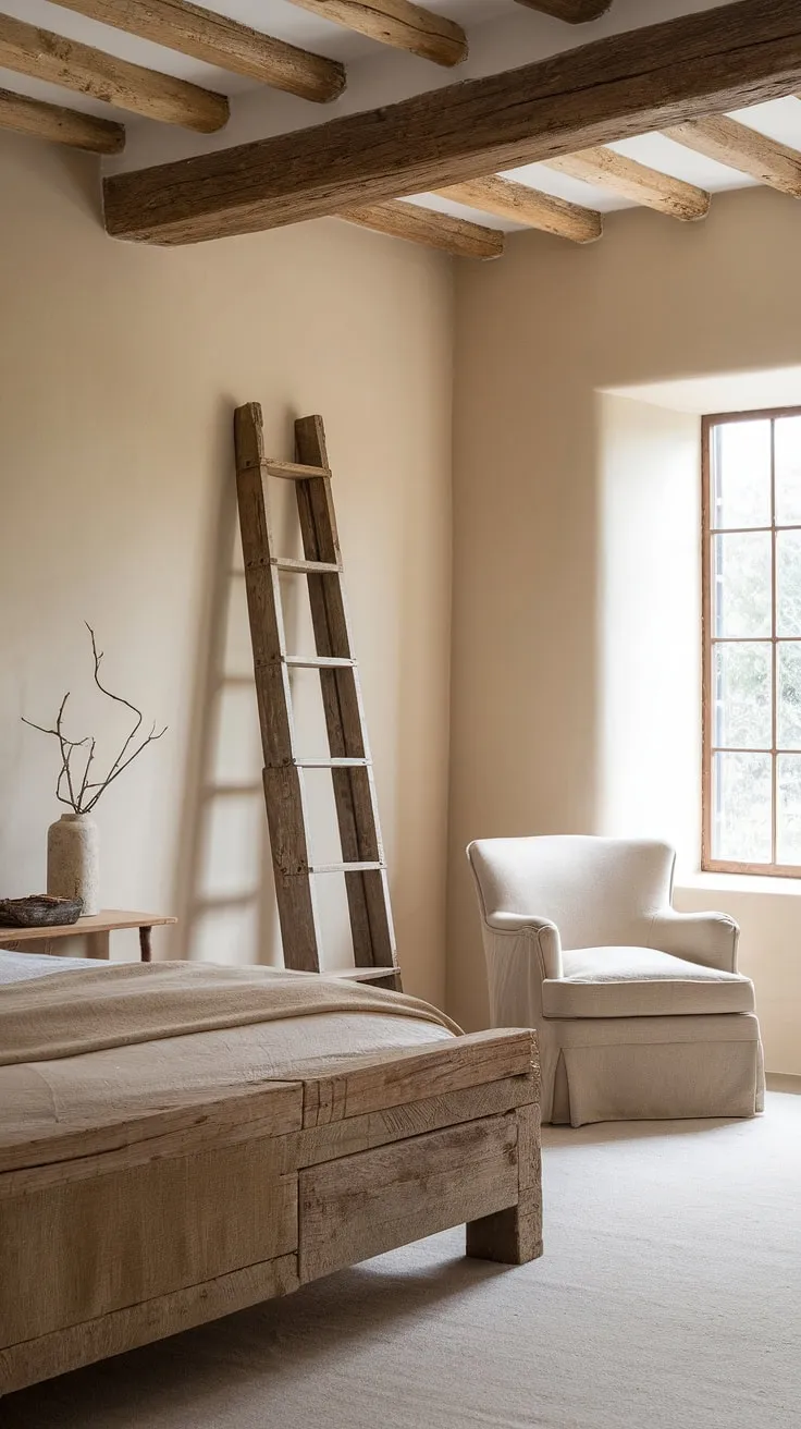 With its soft beige walls and natural light, this rustic neutral bedroom captures the charm of a French farmhouse apartment, enhanced by a vintage French country lamp.