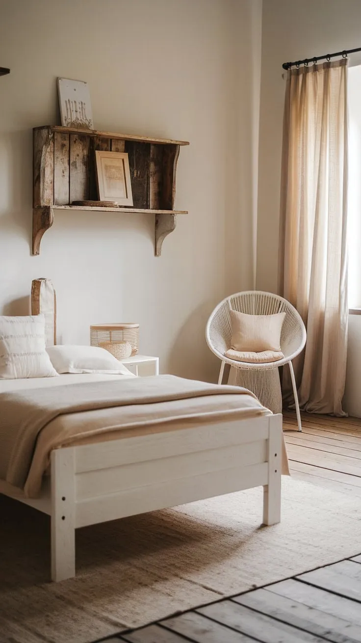 This rustic neutral bedroom features modern country decor with a white wooden bed, beige accents, and vintage inspirations, creating a cozy atmosphere reminiscent of a French farmhouse apartment.