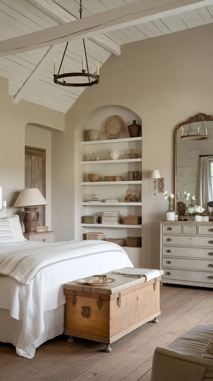 The high-ceilinged neutral bedroom showcases a harmonious mix of rustic charm and vintage inspirations, highlighted by a French country lamp and warm wooden floors.