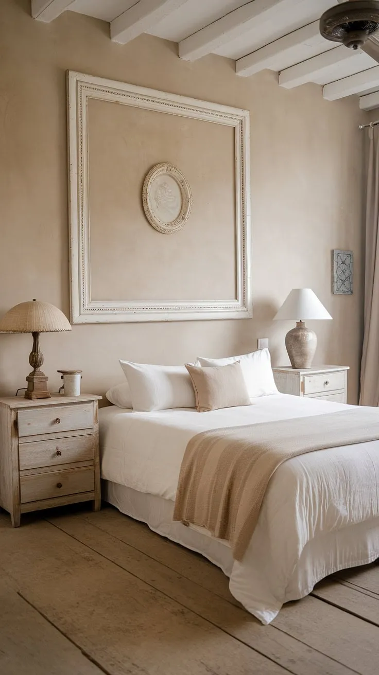 The neutral country bedroom blends rustic elements with modern touches, highlighted by a vintage French country lamp and a cozy king-size bed in a stylish European cottage setting.