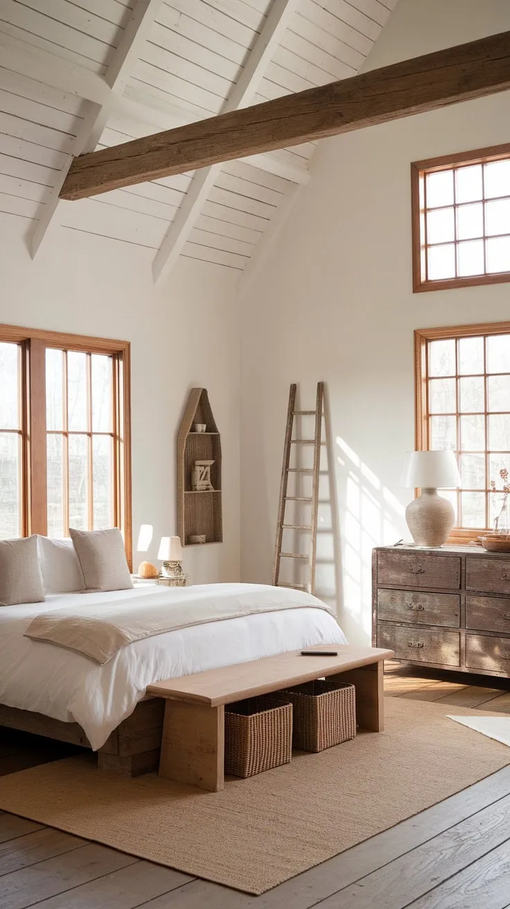 With its white walls, wooden beams, and country-inspired elements, this neutral country bedroom evokes the charm of European cottage interiors and vintage bedroom inspirations.