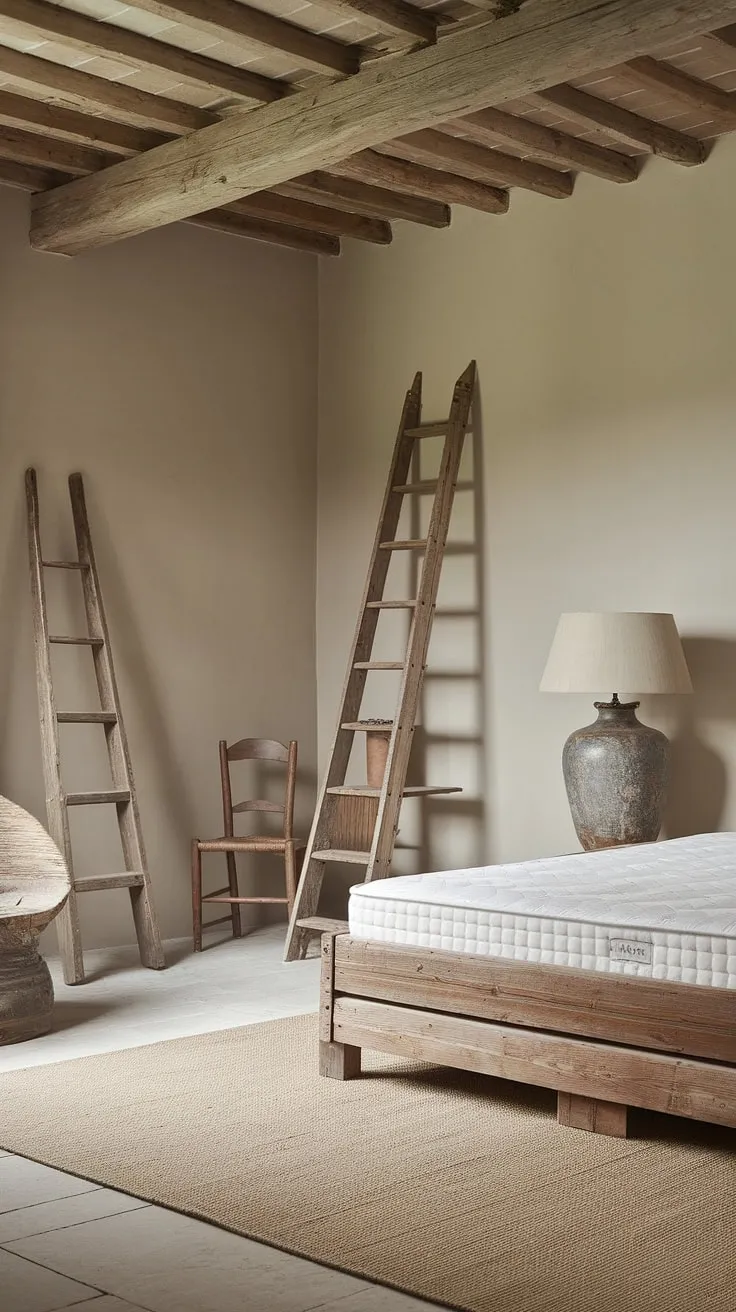 The rustic neutral bedroom showcases a wooden bed frame, soft beige walls, and vintage accents, perfectly embodying country-inspired decor with a touch of French farmhouse elegance.