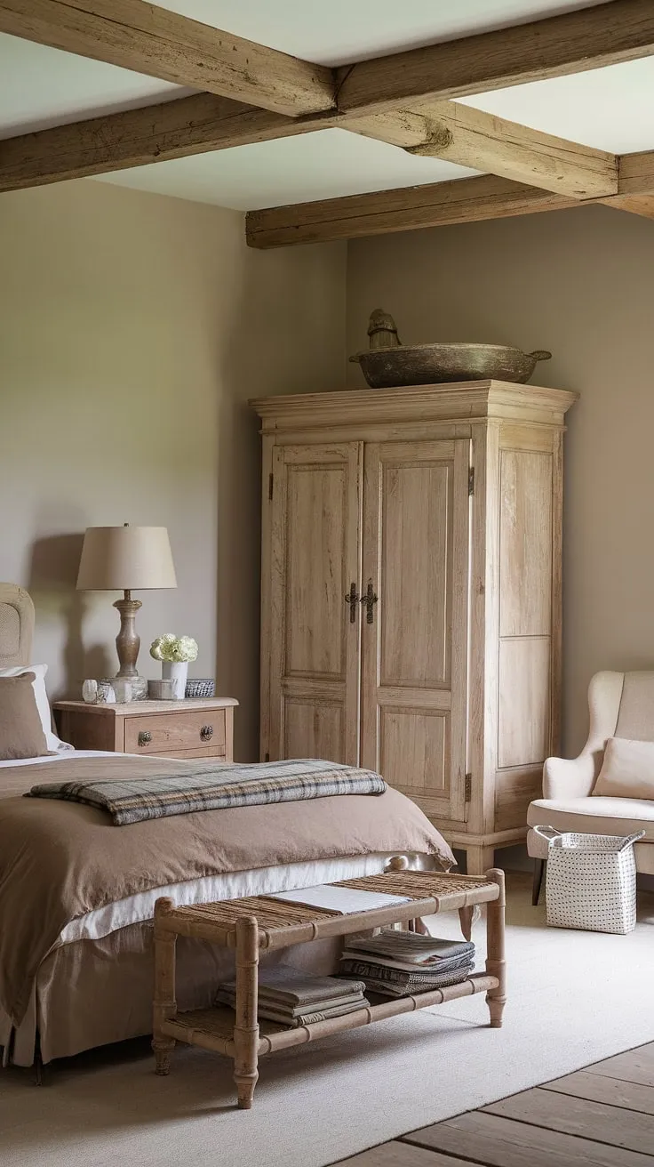 This neutral country bedroom features rustic design elements like a wooden beam ceiling, vintage wooden wardrobe, and a French country lamp, creating a cozy atmosphere perfect for modern country bedroom decor.