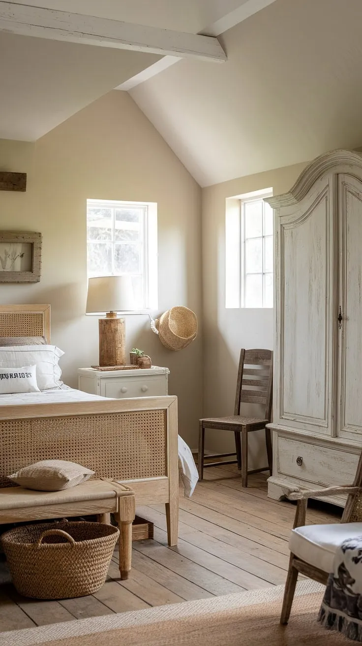 Featuring a charming blend of vintage inspirations and rustic elements, this neutral country bedroom radiates warmth with its wooden furnishings and natural light.