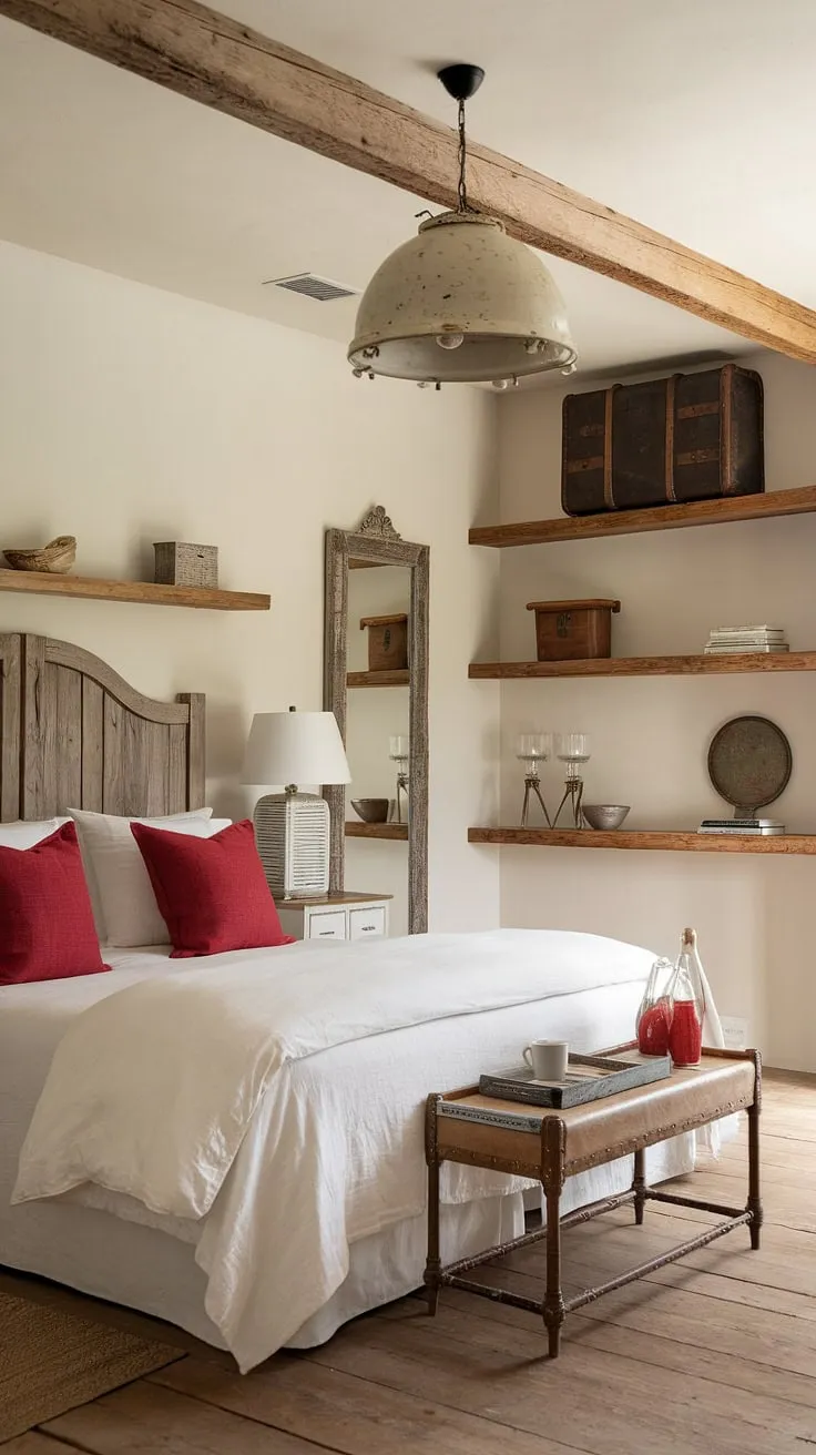 Featuring a white duvet and red pillows, this rustic neutral bedroom showcases vintage inspirations with wooden shelves, a rustic mirror, and a vintage suitcase, perfect for a country-inspired retreat.