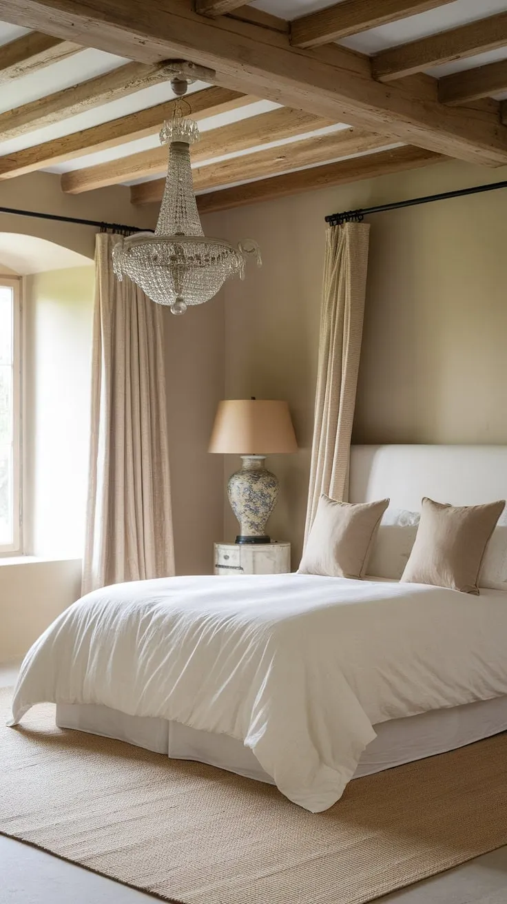 This neutral country bedroom features rustic decor with a wooden beam ceiling, a vintage chandelier, and a French country lamp, creating a cozy atmosphere reminiscent of modern country bedroom decor and European cottage interiors.