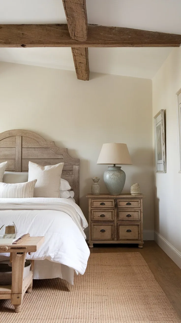 Featuring a vintage wooden headboard and white walls, this rustic neutral bedroom captures the essence of European cottage interiors and country-inspired elegance.