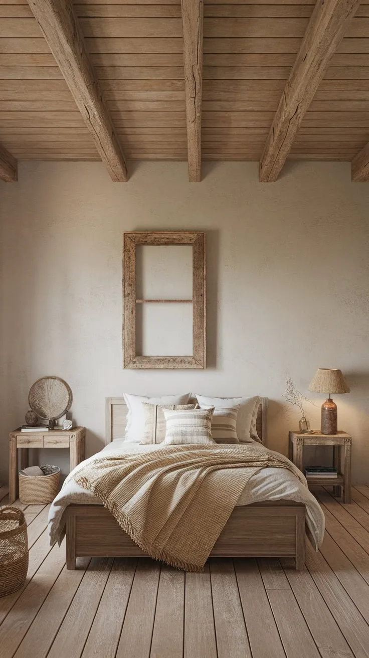 This neutral rustic country bedroom, featuring a wooden ceiling and vintage decor, beautifully blends modern country bedroom decor with European cottage interiors for a charming French farmhouse apartment vibe.