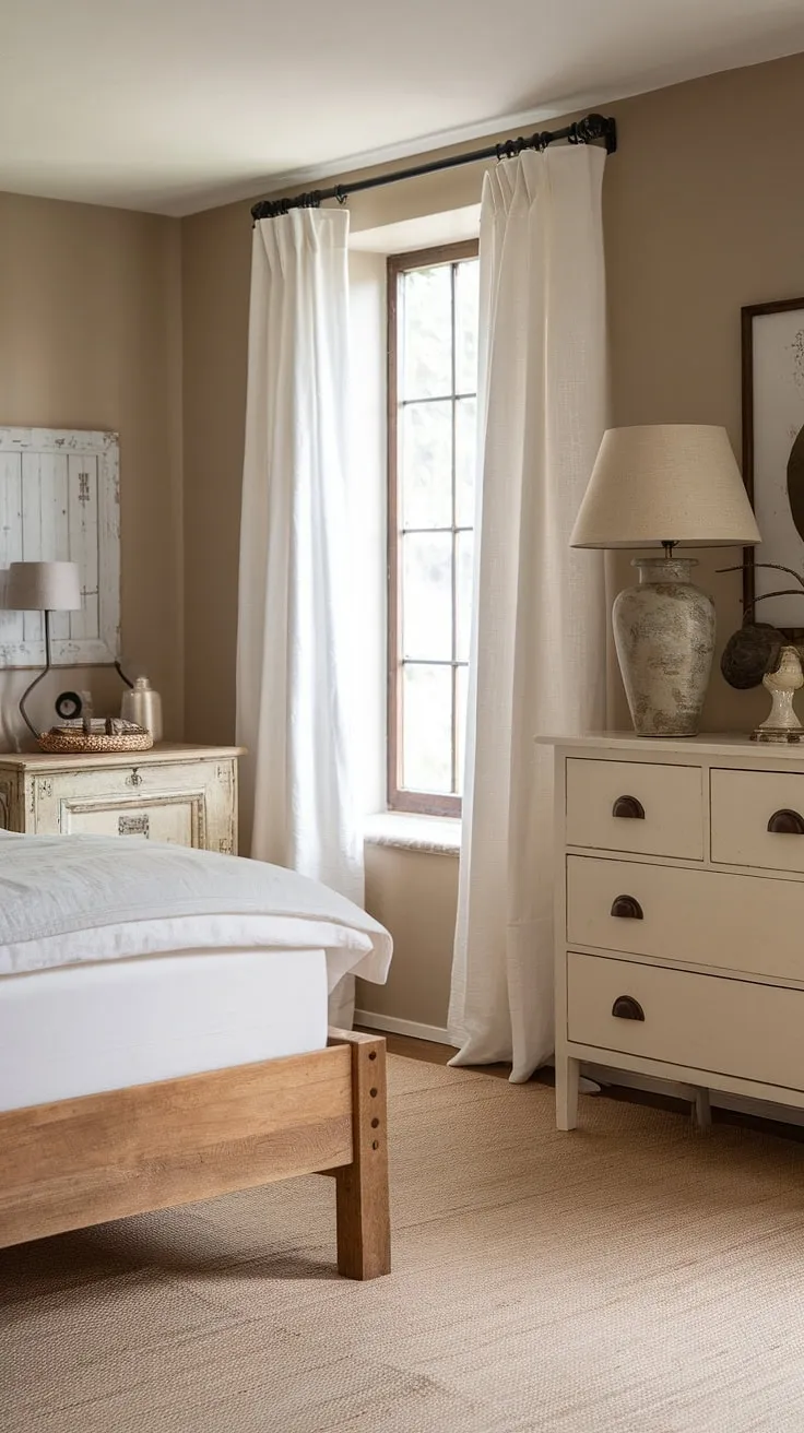 This rustic neutral bedroom showcases modern country decor with a wooden bed frame, vintage French country lamp, and European cottage-inspired interiors.
