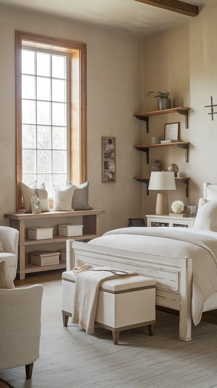 The neutral country bedroom features a harmonious blend of rustic elements and modern touches, highlighted by a French country lamp and vintage inspirations that create a cozy, inviting atmosphere.