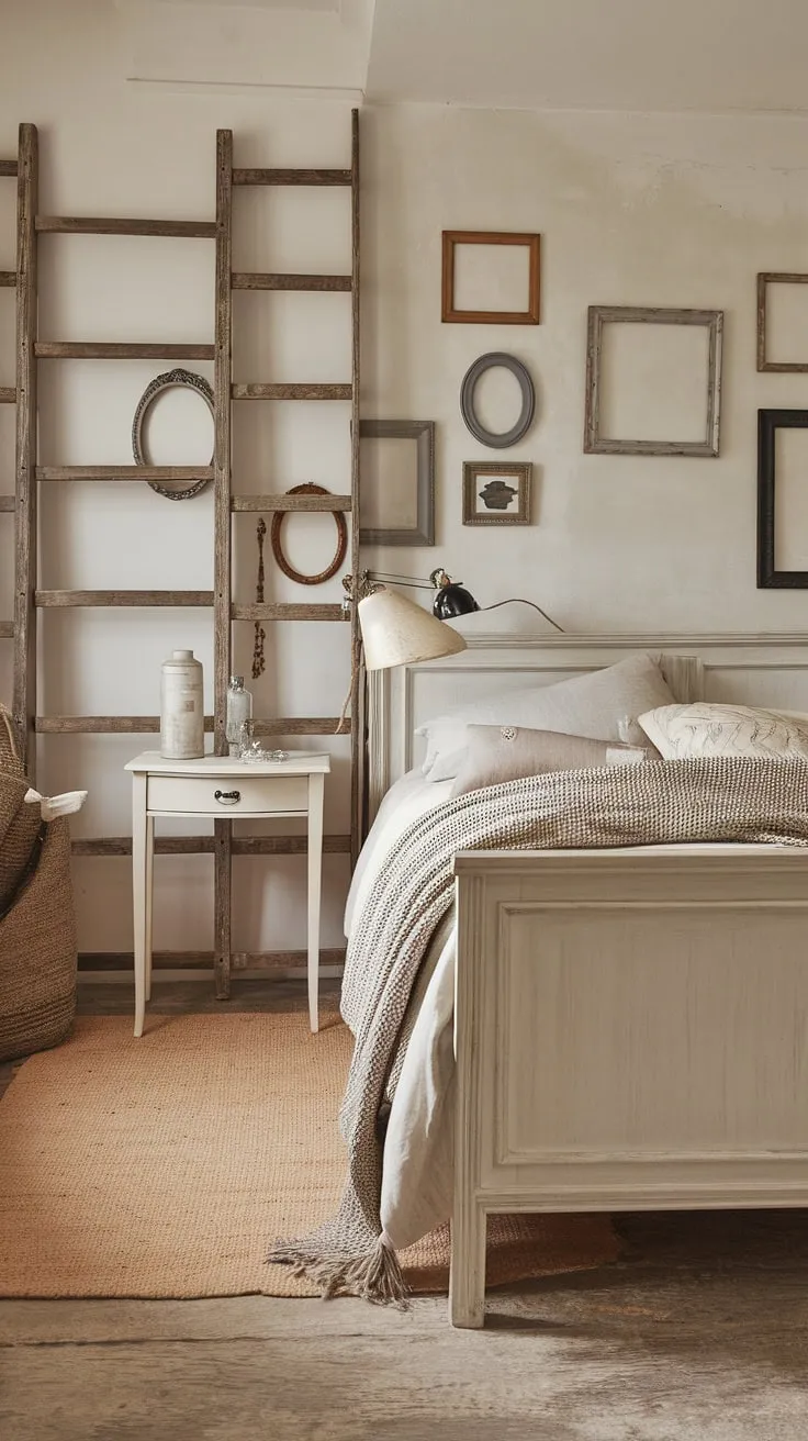 This neutral country bedroom features rustic decor with a white wooden bed, vintage frames, and a French country lamp, creating a charming modern country bedroom aesthetic.