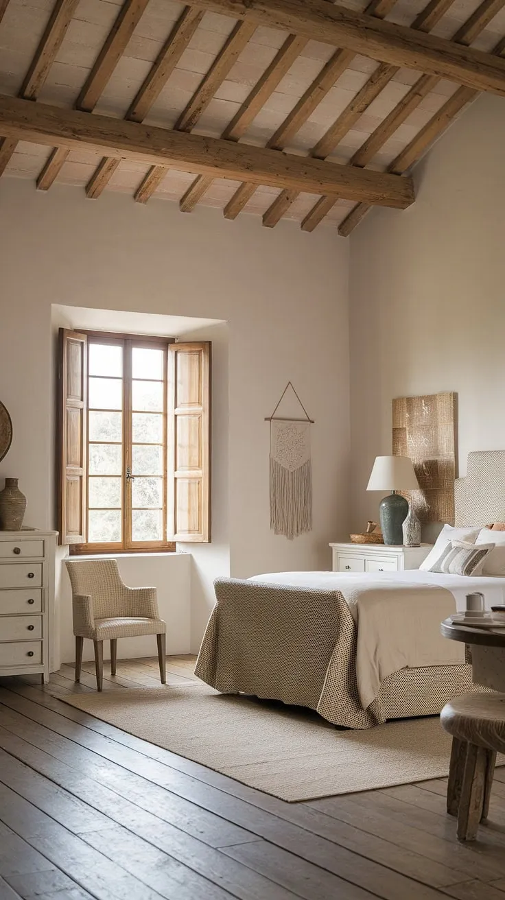 With its wooden planks and decorative accents, this modern country bedroom decor captures the essence of European cottage interiors and vintage bedroom inspirations.