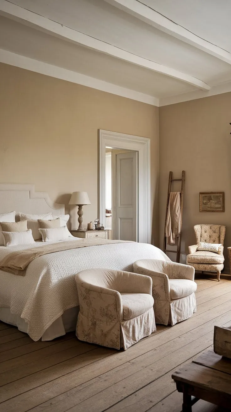 The cozy neutral country bedroom showcases European cottage interiors with a vintage touch, highlighted by a soft color palette and rustic wooden elements.