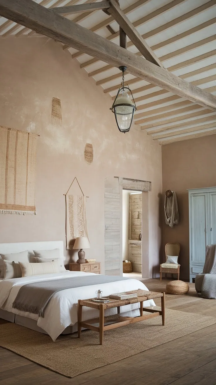 Featuring a queen-size bed, wooden beams, and a woven rug, this vintage-inspired neutral bedroom captures the essence of a charming French farmhouse apartment.