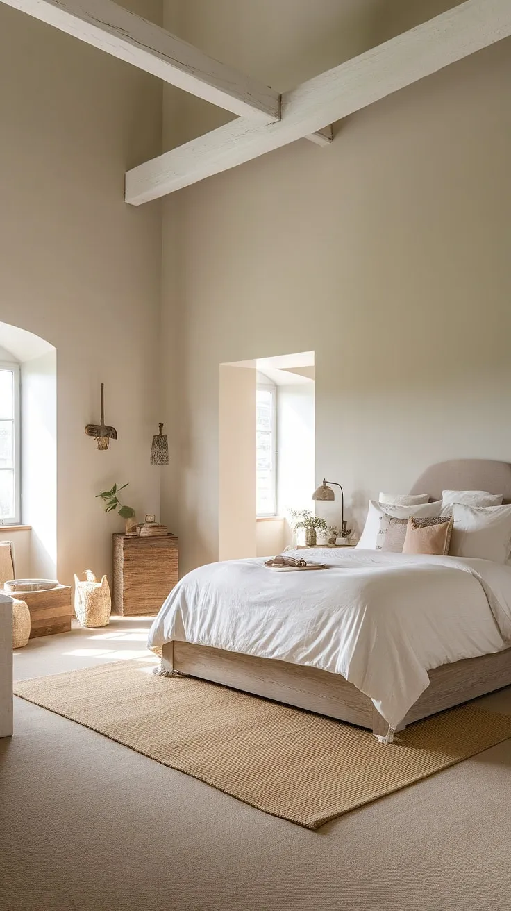 Bathed in natural light, this rustic neutral bedroom showcases soft grey walls and beige carpets, harmonizing French farmhouse charm with European cottage interiors.
