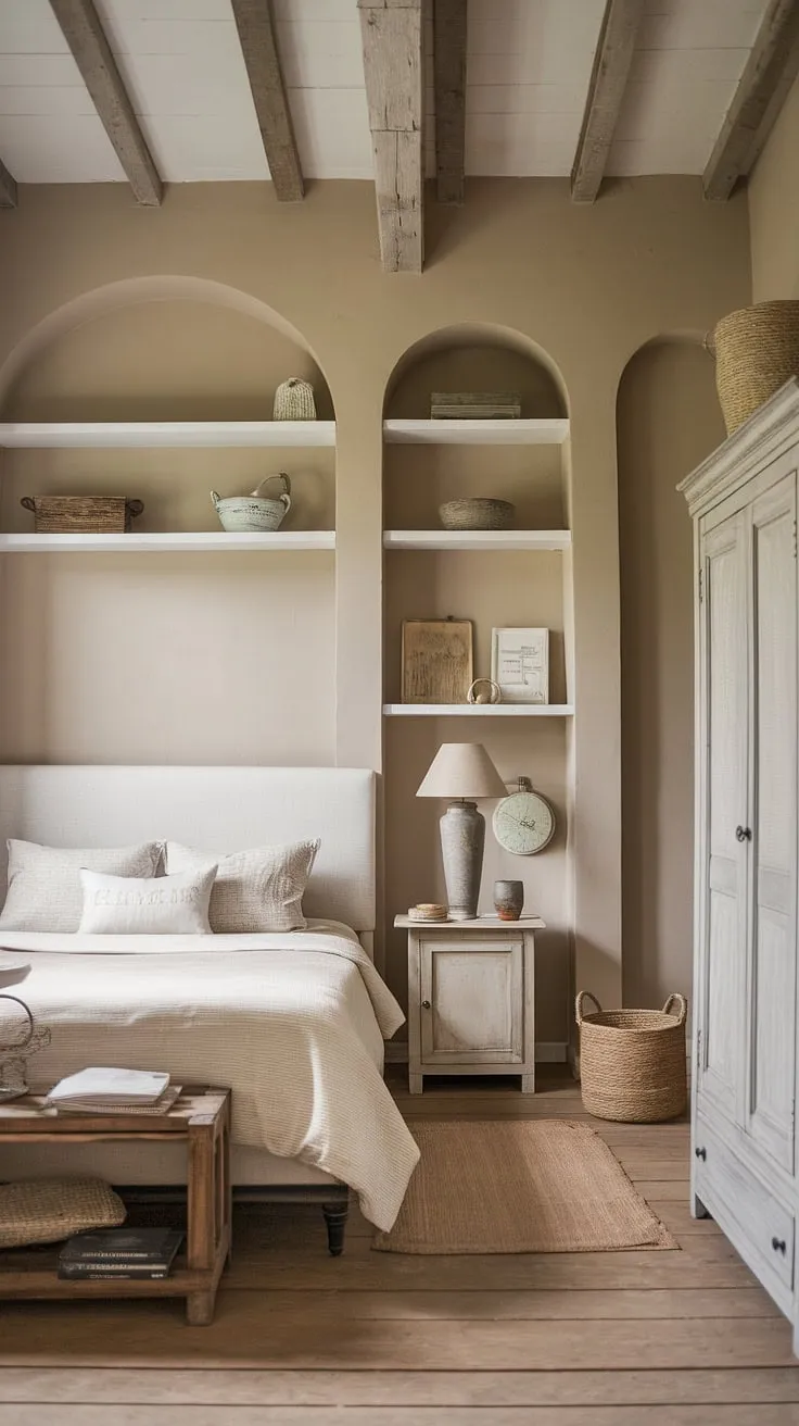 The high-ceilinged room showcases a queen-size bed and charming decorative items, blending vintage inspirations with a neutral palette for a stylish country-inspired retreat.