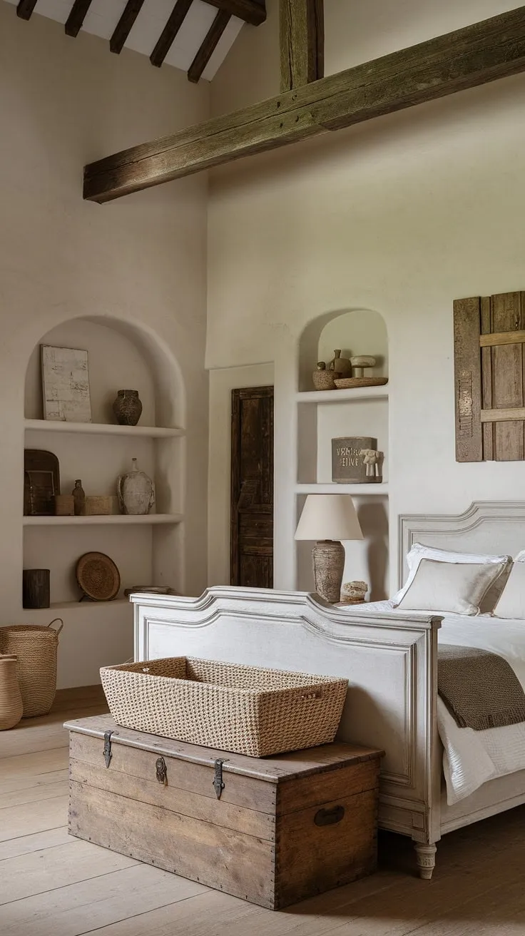 Featuring high ceilings and wooden beams, this neutral country bedroom blends vintage inspirations with a cozy, country-inspired aesthetic.