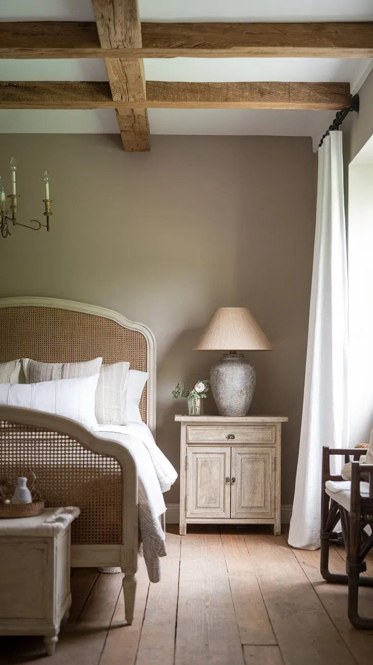 The soft gray walls and wooden beam ceiling create a charming backdrop for this country-inspired bedroom, showcasing vintage inspirations and rustic elegance.
