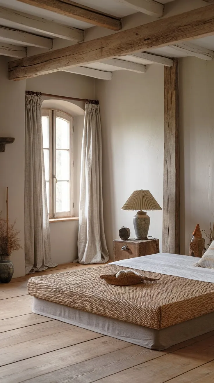 Featuring a platform bed and vintage elements, this neutral country bedroom exudes rustic charm with its wooden beams and vintage lamp, ideal for those seeking vintage bedroom inspirations.