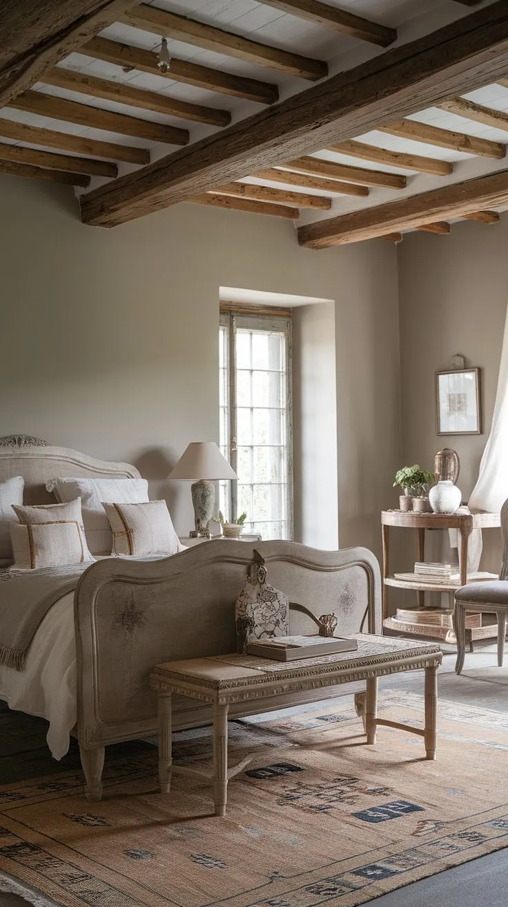 This rustic neutral bedroom features a vintage wooden bed frame, a French country lamp, and soft gray walls, perfectly blending modern country bedroom decor with vintage inspirations.