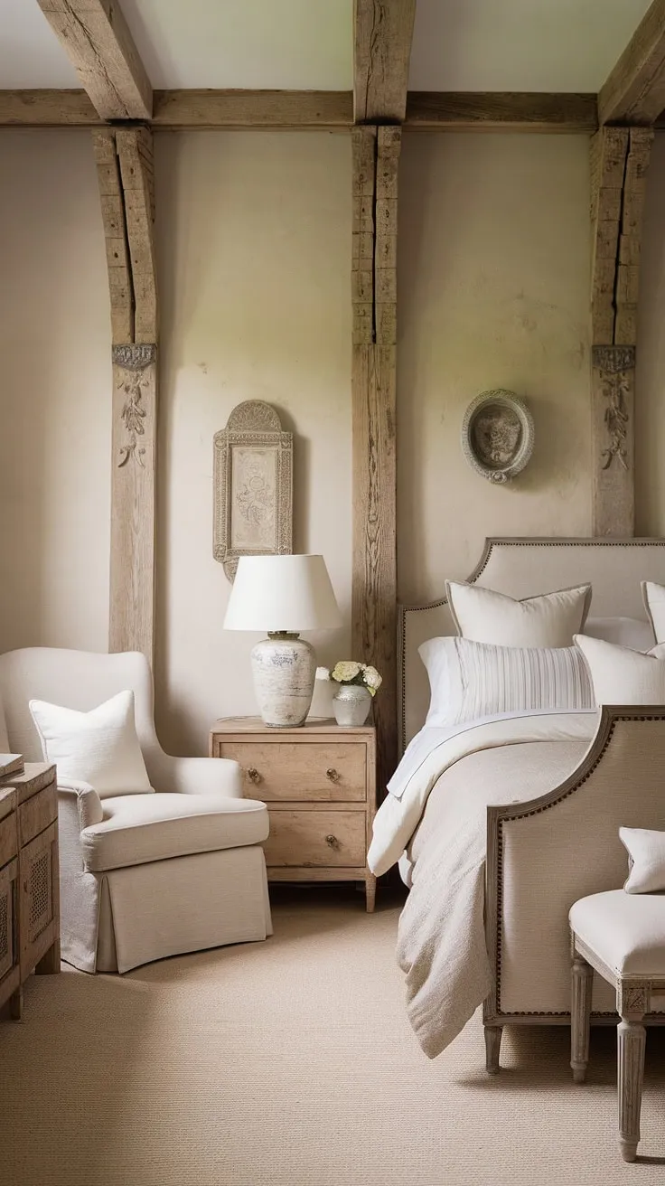 With its neutral color palette and vintage inspirations, this country-inspired bedroom captures the essence of a French farmhouse apartment, making it a perfect retreat for lovers of rustic modern decor.