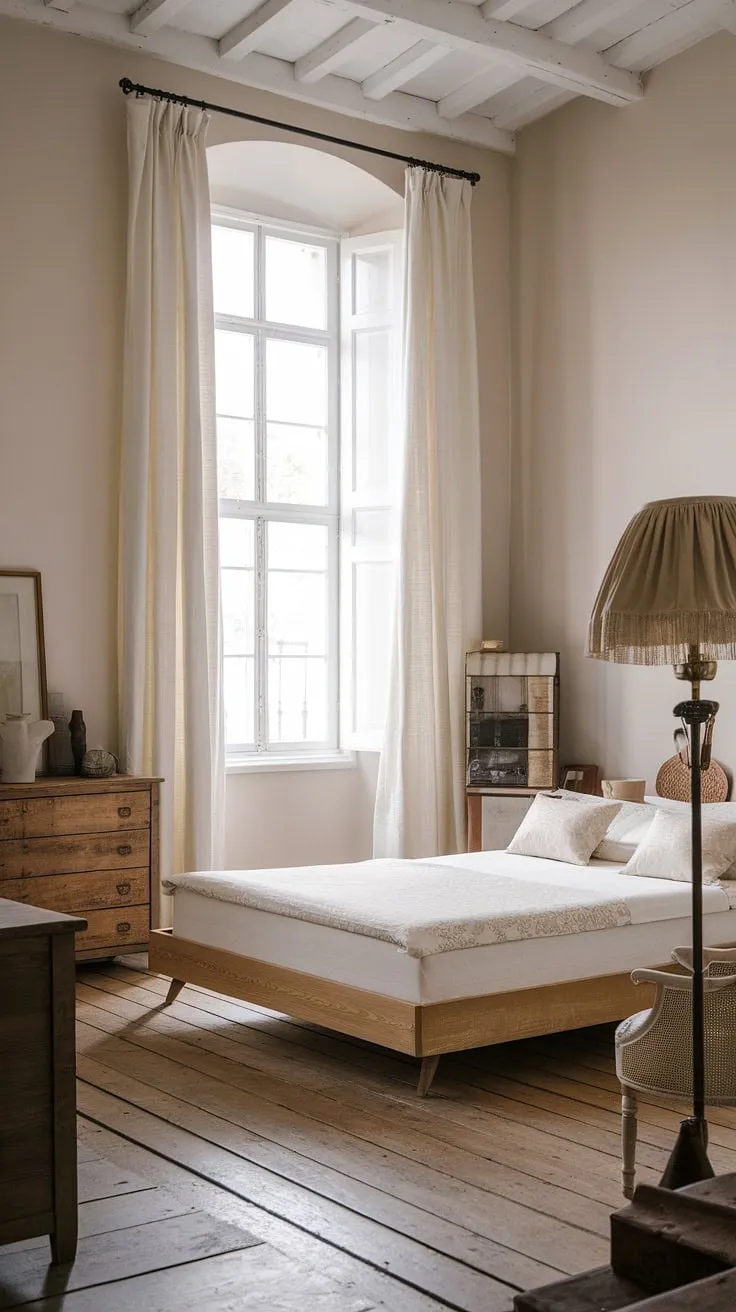 This rustic neutral bedroom features modern country decor with a wooden bed frame, white bedding, and a charming French country lamp, creating a cozy atmosphere reminiscent of European cottage interiors.