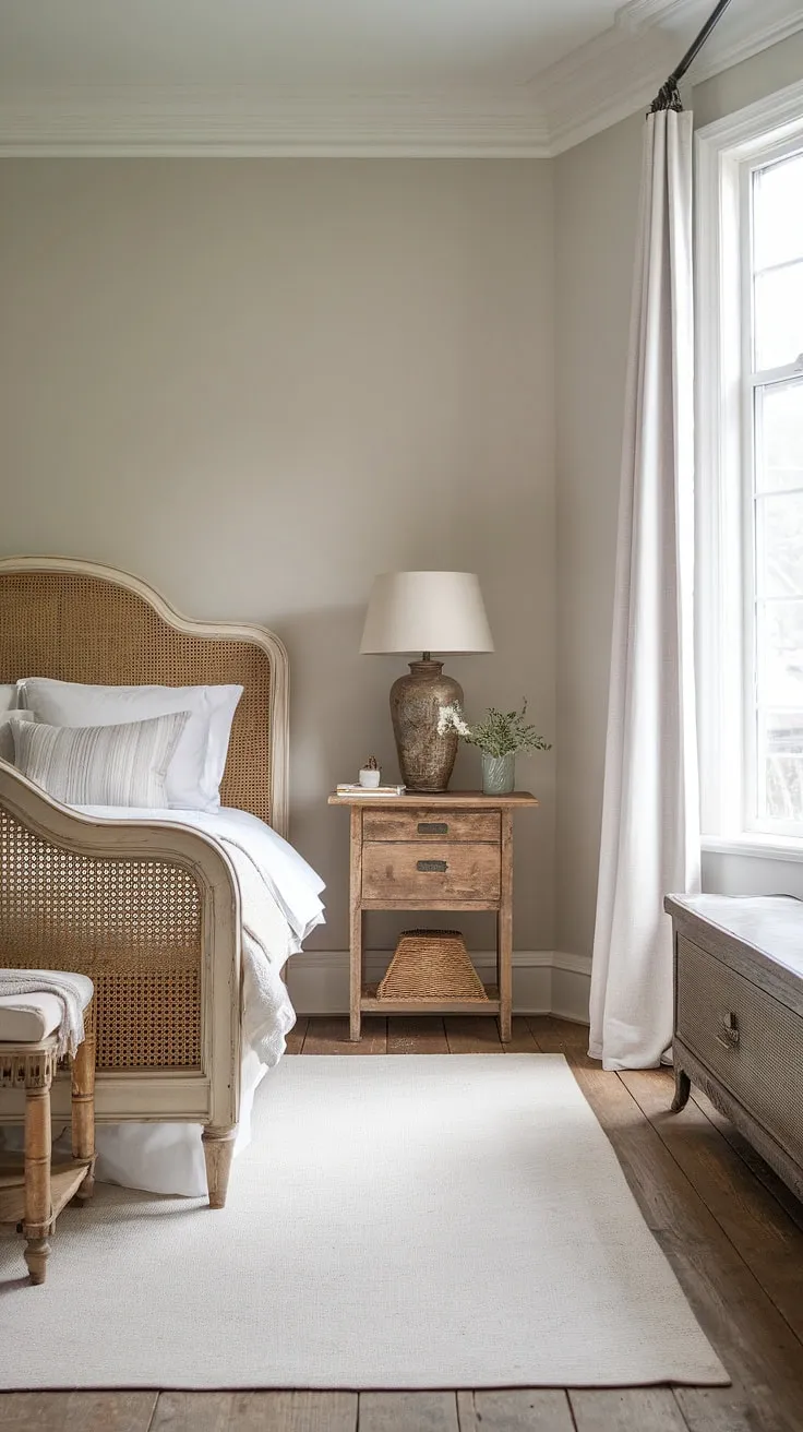 Featuring a light grey palette and wooden accents, this rustic neutral bedroom captures the essence of country-inspired living with a touch of French farmhouse elegance.
