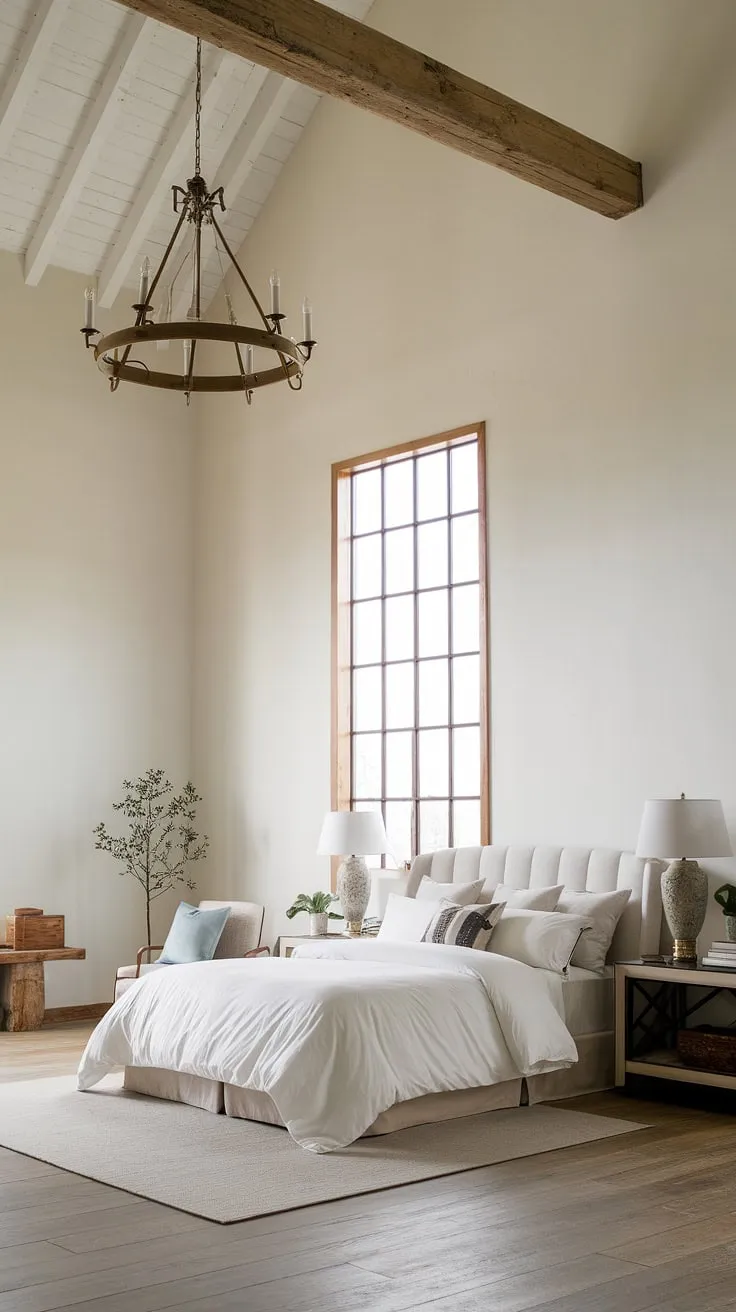 The room showcases a harmonious blend of rustic and modern country bedroom decor, highlighted by a vintage chandelier and a French country lamp, perfect for vintage bedroom inspirations.