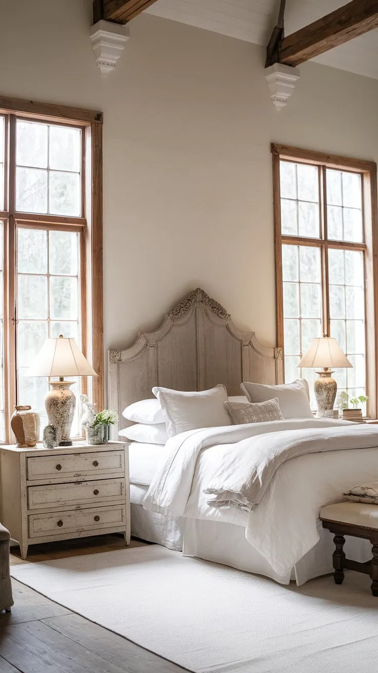With its high ceilings, large windows, and vintage wooden headboard, this neutral country bedroom captures the charm of a French farmhouse apartment and vintage bedroom inspirations.