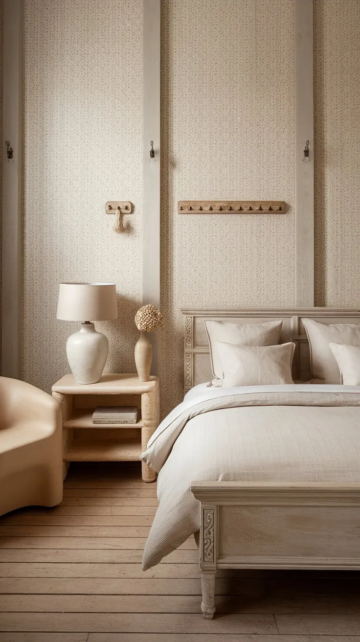 The room showcases a harmonious blend of rustic and modern country bedroom decor, highlighted by a wooden bed and a stylish French country lamp, perfect for vintage bedroom inspirations.