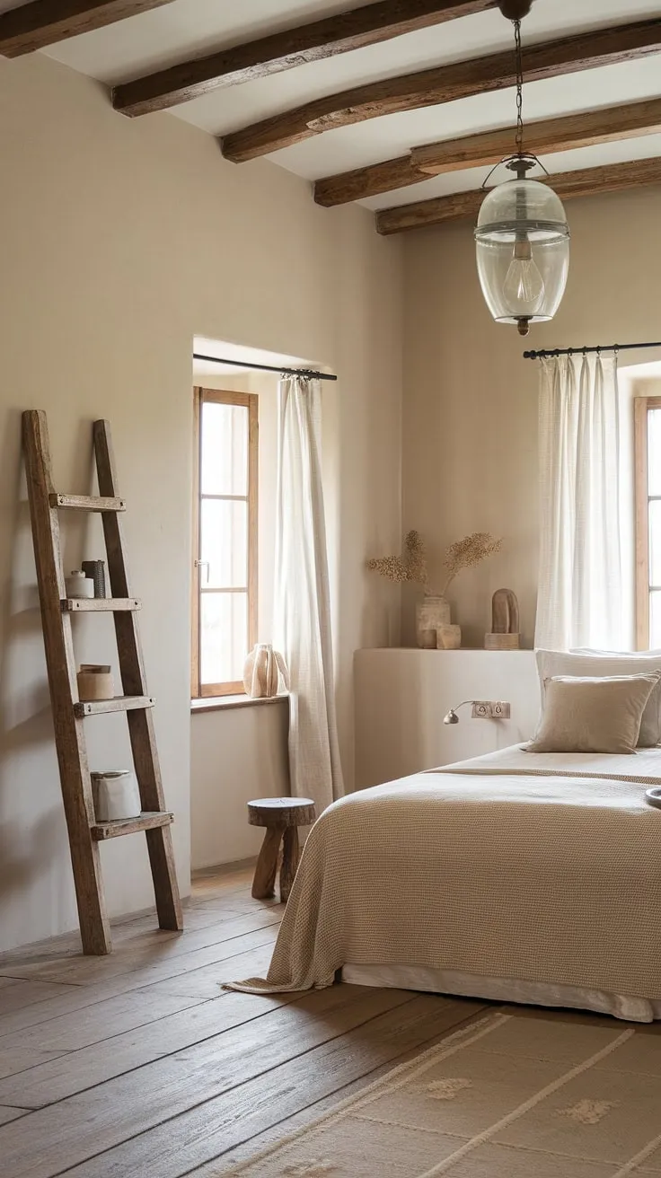 With its beige walls, wooden accents, and a charming French country lamp, this modern country bedroom decor captures the essence of European cottage interiors and vintage bedroom inspirations.