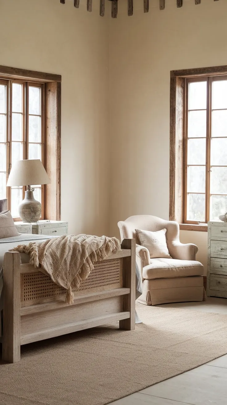 The neutral country bedroom features a blend of vintage inspirations and European cottage interiors, highlighted by a cozy beige palette and rustic furnishings.