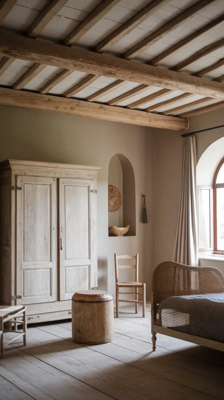 This serene bedroom harmoniously blends rustic charm and modern simplicity, featuring a woven headboard and aged wood that evoke peaceful country living.