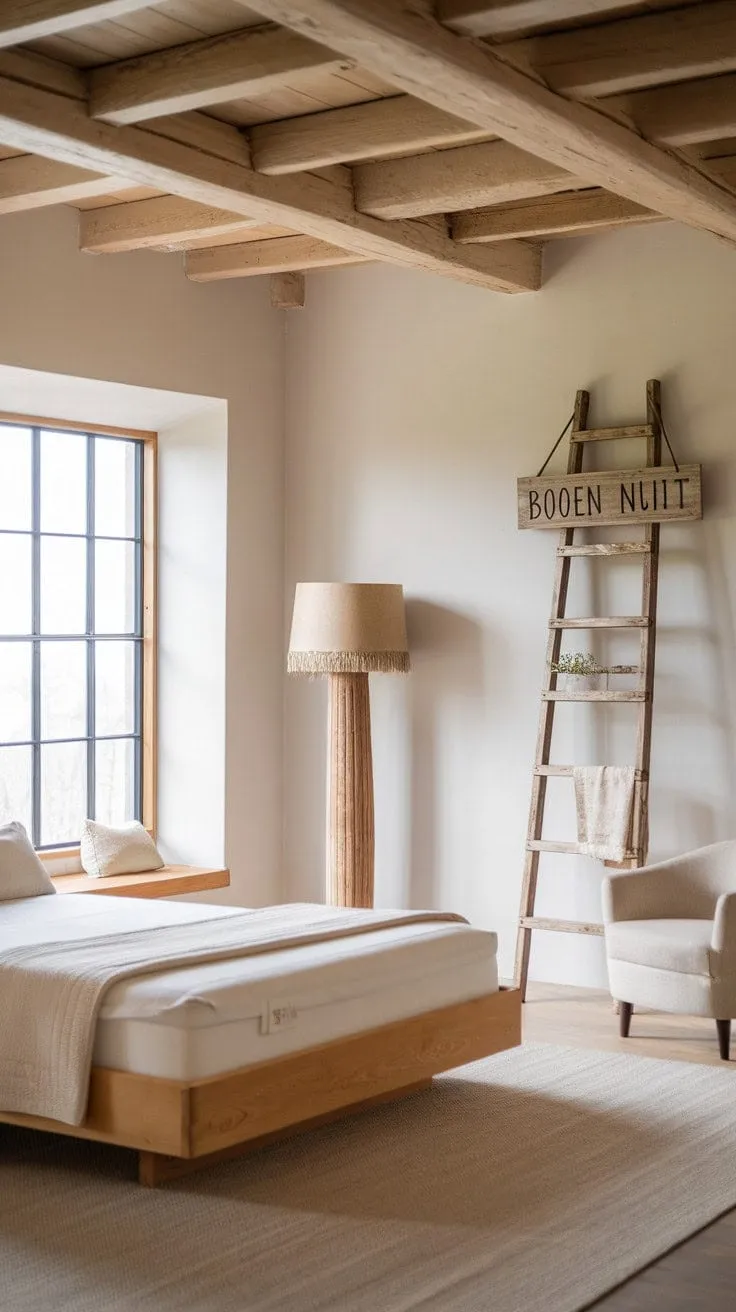 This serene bedroom harmoniously blends rustic charm with modern comfort, featuring exposed beams and sleek lines for a tranquil retreat.