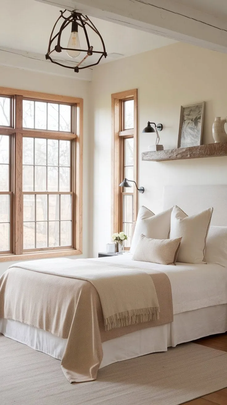 This tranquil bedroom harmoniously fuses rustic charm with modern elegance, inviting relaxation through its soothing color palette and thoughtfully curated details.