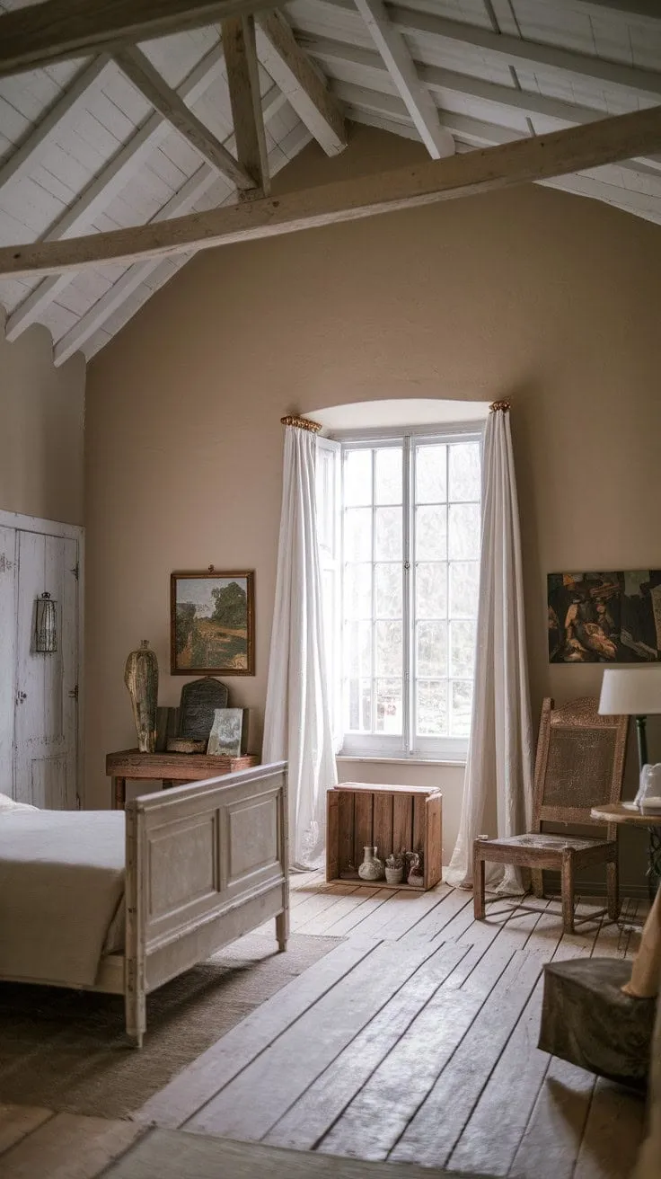 Bathed in sunlight, this rustic country bedroom with high ceilings and vintage charm offers a serene sanctuary for peaceful contemplation.