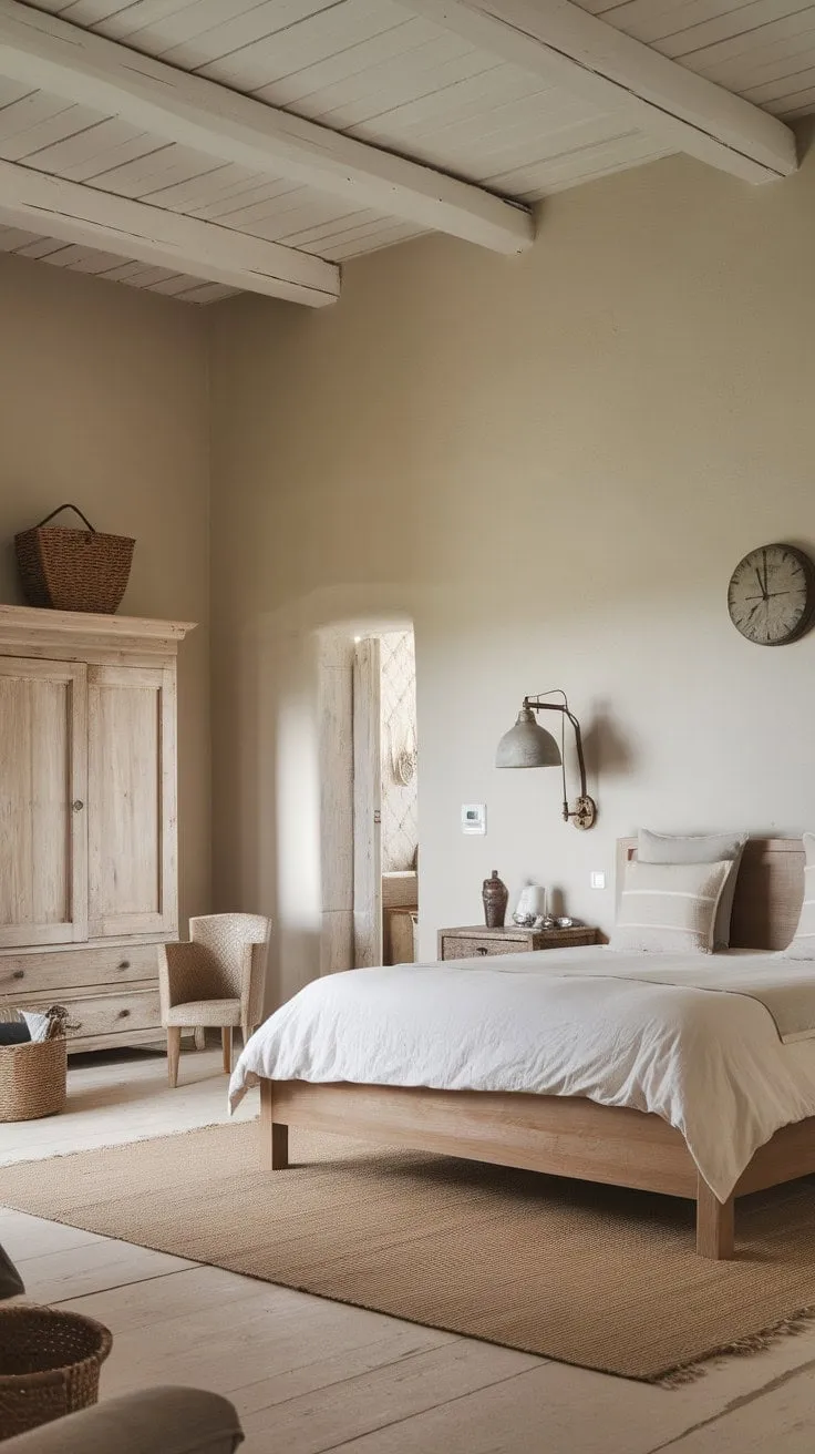 Bathed in sunlight, this charming bedroom harmoniously fuses rustic textures with contemporary elegance, creating an inviting oasis of comfort.