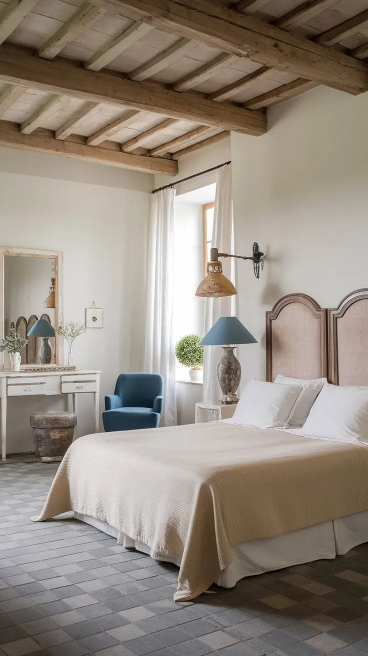 This serene bedroom harmoniously blends rustic charm with modern comfort, featuring exposed beams and vintage details for an effortlessly stylish retreat.