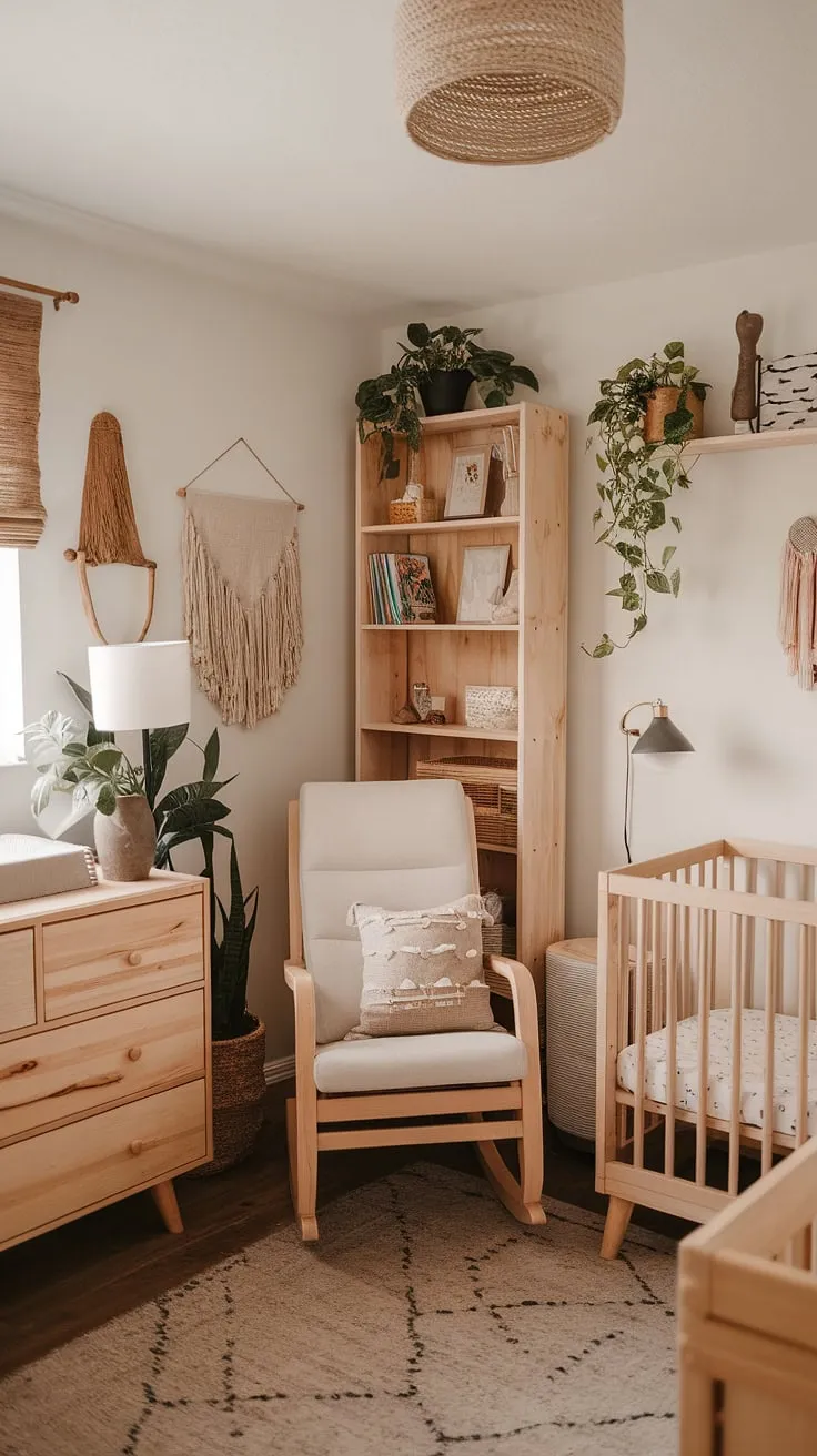 Dreamy and functional, this nursery corner design showcases the best of neutral boho nursery style. Natural wood nursery furniture adds warmth and sophistication to this space, offering a perfect solution for parents seeking gender-neutral nursery ideas and a dedicated workspace—a truly inspiring office nursery design.