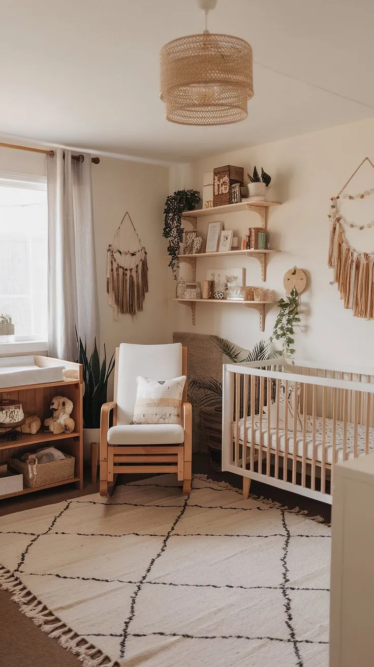 Creating a calm and functional space where work and baby bliss coexist. This neutral boho nursery, featuring natural wood furniture, seamlessly blends a dedicated nursery corner with a mini-office, offering a perfect example of gender-neutral nursery ideas and office nursery design ideas.