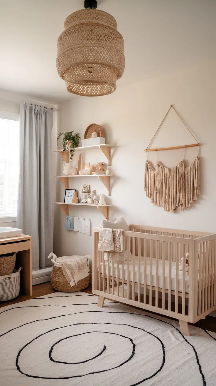 Create a serene and productive haven with this gender-neutral nursery ideas showcase. Natural wood nursery furniture anchors the space, while the thoughtful nursery corner design cleverly integrates a home office.  This inspiring office nursery design demonstrates how to balance work and family life in a beautiful, neutral boho nursery.