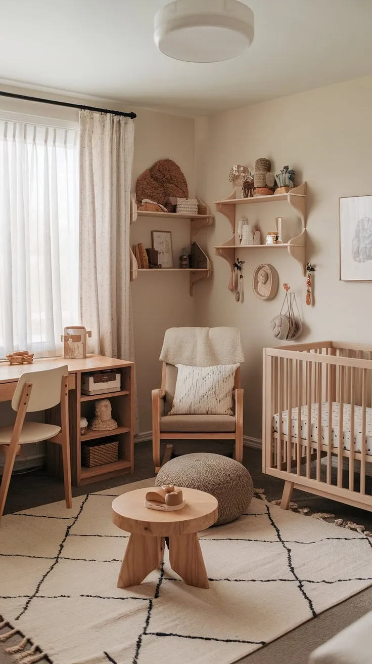 This stunning nursery corner design effortlessly combines a cozy haven for your little one with a practical workspace for parents.  Natural wood nursery furniture anchors the neutral boho nursery, creating a serene and stylish environment.  Get inspired by this unique office nursery design and discover more gender-neutral nursery ideas for a space that's both beautiful and functional.