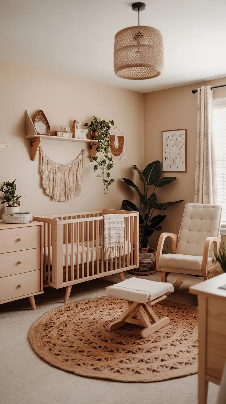 This neutral boho nursery seamlessly blends calm and creativity. Natural wood furniture anchors the space, while clever design creates a dedicated nursery corner that also functions as a peaceful home office—the perfect blend of gender-neutral nursery ideas and practical office nursery design ideas.