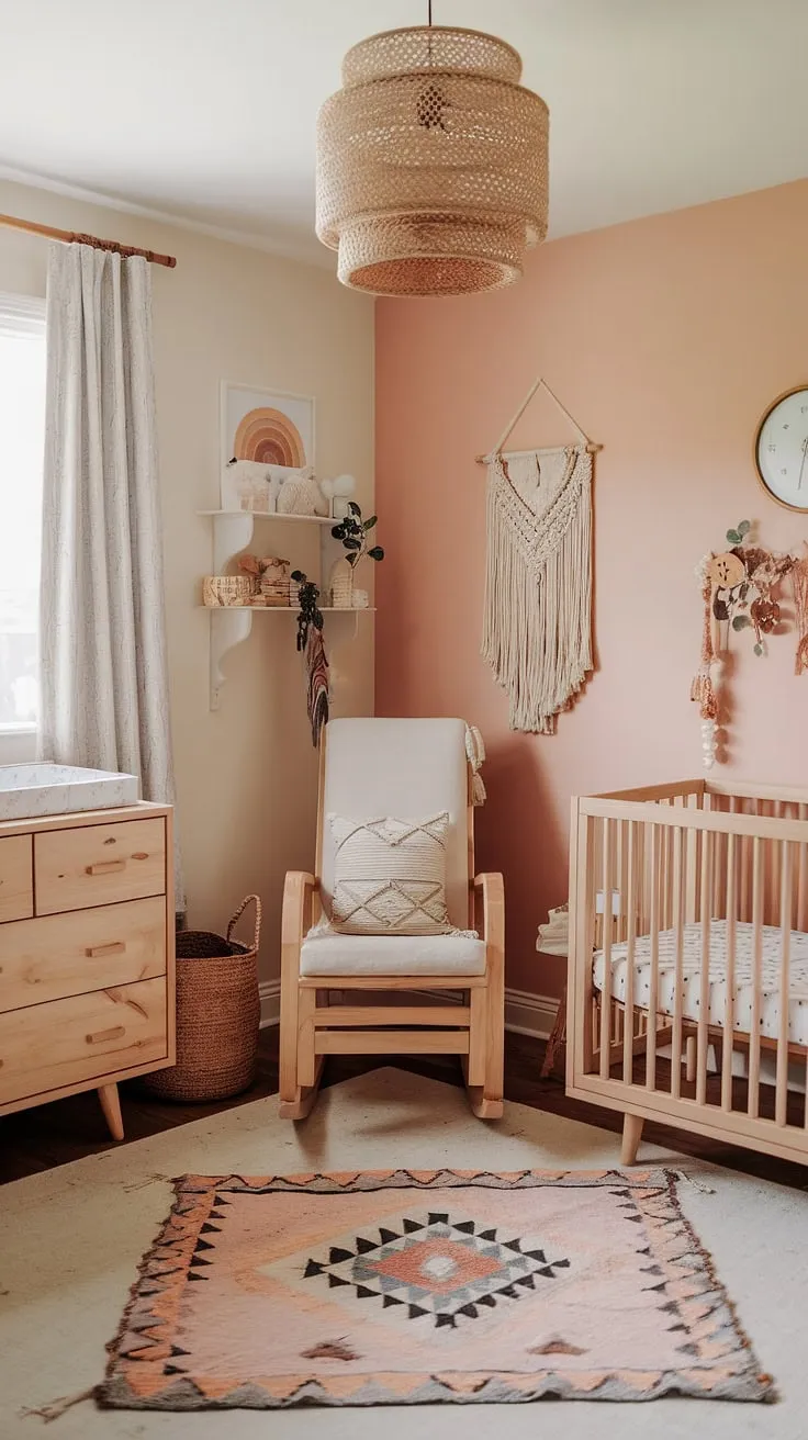 This neutral boho nursery seamlessly blends style and functionality, showcasing natural wood nursery furniture in a clever nursery corner design.  The space effortlessly transitions into a dedicated work area, offering inspiring office nursery design ideas for parents who need a productive yet calming environment.