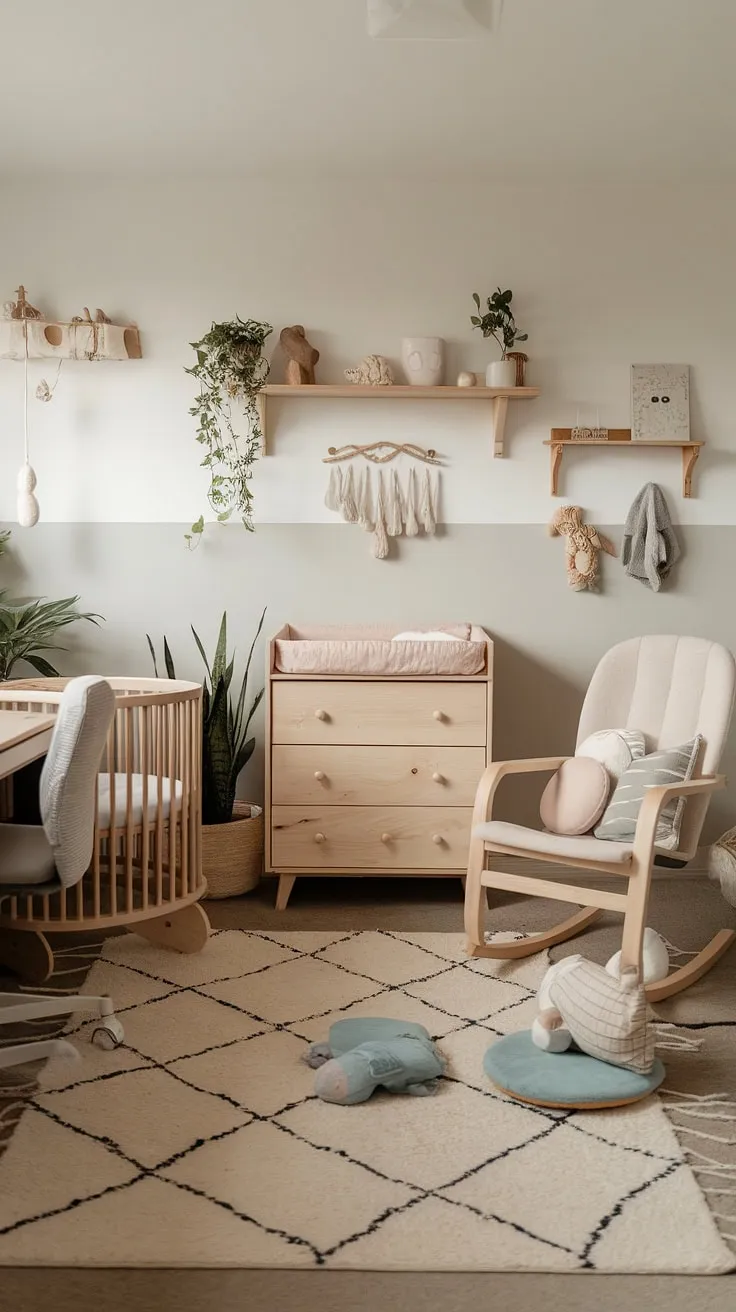 Dreamy and functional, this nursery corner design showcases the best of neutral boho nursery style. Natural wood nursery furniture adds warmth and texture, making this space ideal for both work and play, offering inspiring gender-neutral nursery ideas and clever office nursery design ideas all in one.
