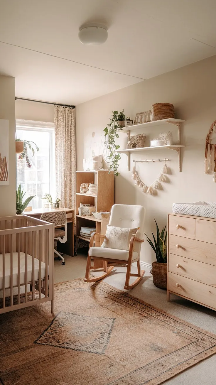 This neutral boho nursery seamlessly blends style and functionality, showcasing natural wood nursery furniture in a clever nursery corner design.  The space effortlessly transitions into a dedicated work area, offering inspiring office nursery design ideas for parents who need a productive yet calming environment.