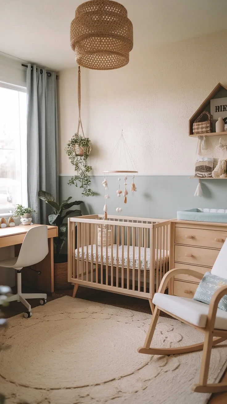 Creating a serene and functional space where work and baby bliss collide. This neutral boho nursery, featuring natural wood furniture, seamlessly blends a dedicated nursery corner with a mini-office, offering a stylish and practical solution for parents seeking gender-neutral nursery ideas and office nursery design ideas.