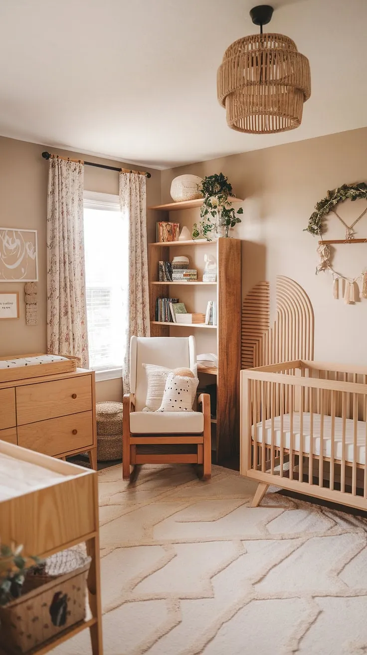 Dreamy and functional, this nursery office combo showcases the best of both worlds.  Natural wood nursery furniture anchors the neutral boho nursery, offering a serene space for baby and a dedicated work area for parents. Explore these gender-neutral nursery ideas and office nursery design ideas for a truly unique and inspiring room.
