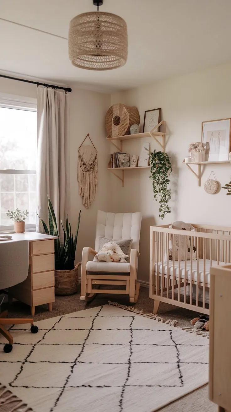 This neutral boho nursery corner seamlessly blends work and play.  Natural wood furniture creates a calming atmosphere, perfect for both baby and parent.  A stylish example of gender-neutral nursery ideas and office nursery design ideas, showcasing a functional and aesthetically pleasing nursery office combo.